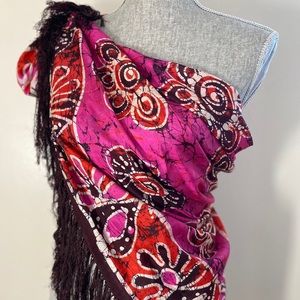 100% Silk Batik Scarf Shawl with Fringe Pink Brown